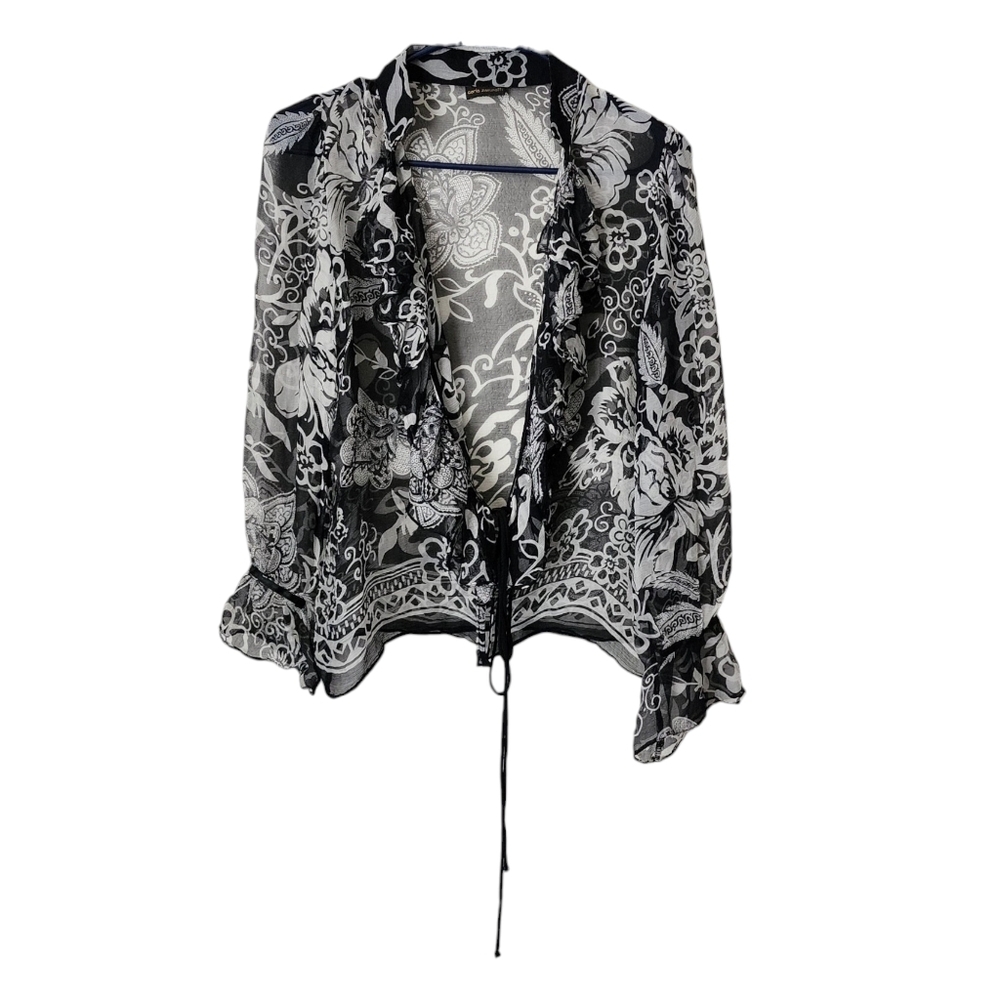 CARLA ZAMPATTI light‎ weight sheer cover up silk top in black white floral 6
